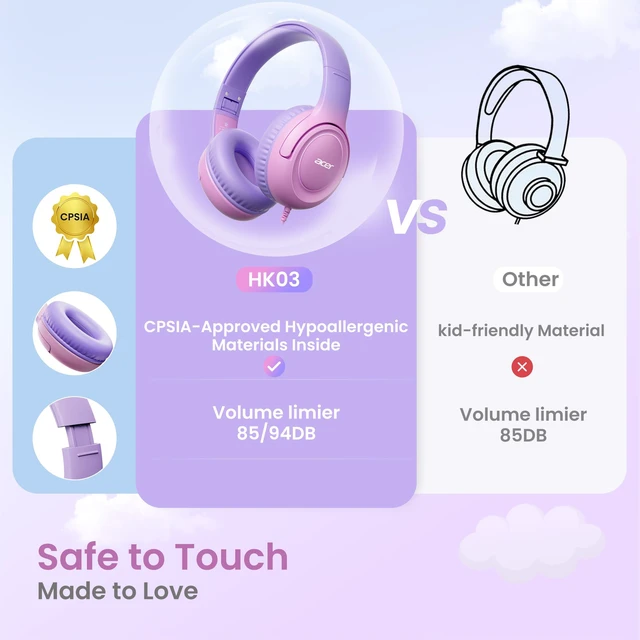 Alt view image 3 of 6 - Kids Headphones for School, 85-94dB Limiter, 3.5mm Jack, w/Mic HK03 Foldable Wired Over Ear Headphones, for Toddler School/Travel/iPad/Tablet, Purple-Pink Gradient