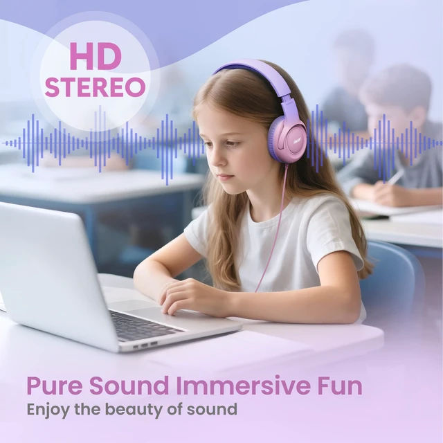 Alt view image 4 of 6 - Kids Headphones for School, 85-94dB Limiter, 3.5mm Jack, w/Mic HK03 Foldable Wired Over Ear Headphones, for Toddler School/Travel/iPad/Tablet, Purple-Pink Gradient