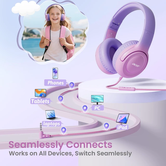 Alt view image 5 of 6 - Kids Headphones for School, 85-94dB Limiter, 3.5mm Jack, w/Mic HK03 Foldable Wired Over Ear Headphones, for Toddler School/Travel/iPad/Tablet, Purple-Pink Gradient