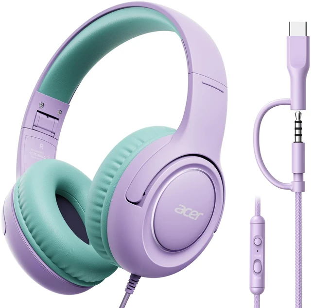 Main image of Kids Headphones for School, USB-C-3.5mm Dongle, w/Mic HK03 Foldable Wired Over Ear Headphones, for Toddler School/Tablet/iPad/PC/Travel, Purple-Green