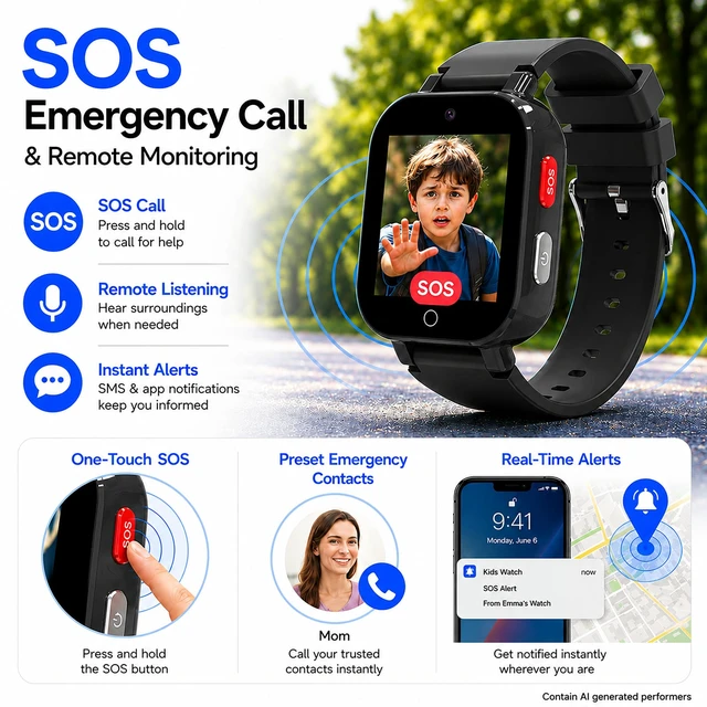 Alt view image 4 of 7 - 4G Kids Smart Watch with GPS Tracker, Video & Voice Call, SOS, WiFi, IP68 Waterproof, AI Smart Features, Parental Control Phone Watch for Boys Girls Age 3+ (SIM Card Included)