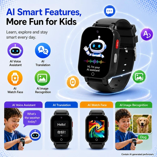Alt view image 5 of 7 - 4G Kids Smart Watch with GPS Tracker, Video & Voice Call, SOS, WiFi, IP68 Waterproof, AI Smart Features, Parental Control Phone Watch for Boys Girls Age 3+ (SIM Card Included)