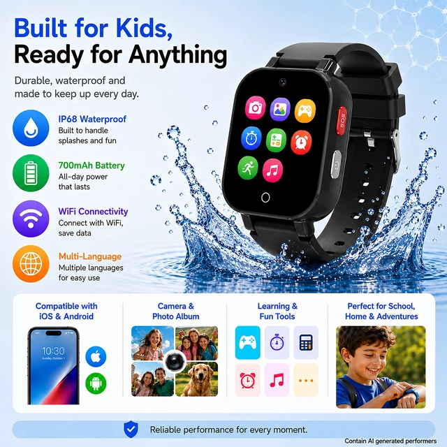 Alt view image 6 of 7 - 4G Kids Smart Watch with GPS Tracker, Video & Voice Call, SOS, WiFi, IP68 Waterproof, AI Smart Features, Parental Control Phone Watch for Boys Girls Age 3+ (SIM Card Included)