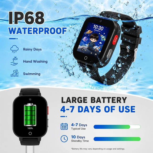 Alt view image 7 of 7 - 4G Kids Smart Watch with GPS Tracker, Video & Voice Call, SOS, WiFi, IP68 Waterproof, AI Smart Features, Parental Control Phone Watch for Boys Girls Age 3+ (SIM Card Included)