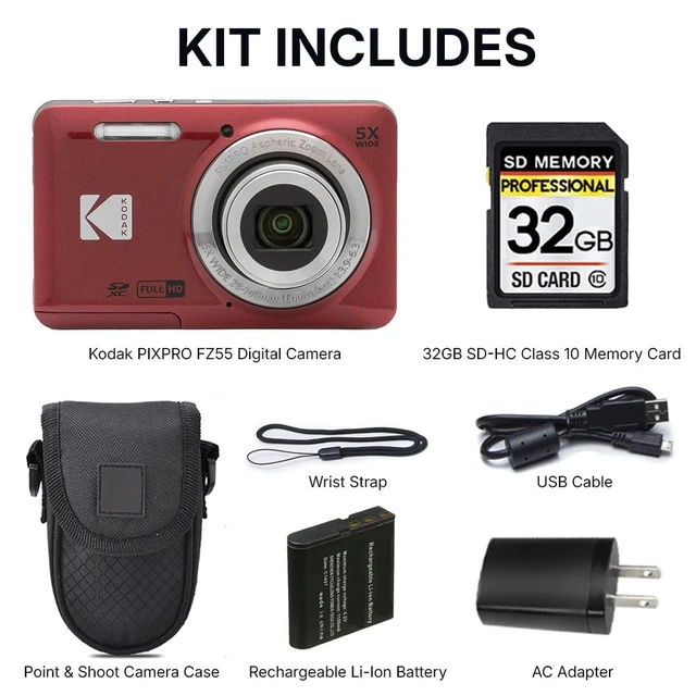 Alt view image 3 of 7 - PIXPRO FZ55 Digital Camera, Red, 16MP Compact Point & Shoot 5X Optical Zoom, 28mm Wide Angle Lens, 1080P Full HD Video, Camera Case & 32GB SD Card