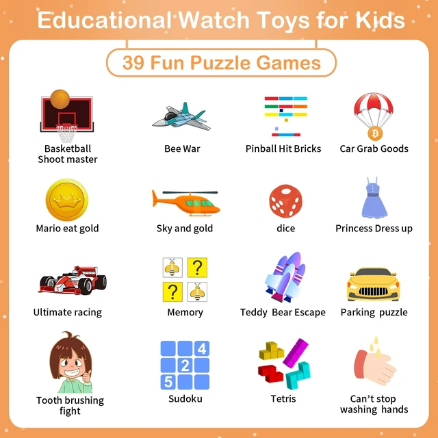 Alt view image 4 of 7 - Smart Watch for Kids, Kids Smart Watch with 39 Puzzle Games Camera Video Recorder Music Alarm Calculator Calendar Flashlight Pedometer Birthday Gifts Educational Toys for 3-12 Year Old Boys Girls