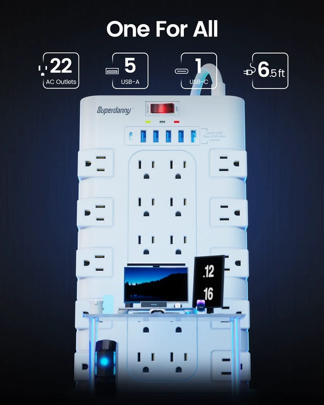 Alt view image 2 of 7 - Power Strip Surge Protector, 22 AC 6 USB, 2100J, 6.5Ft,1875W/15A 5A1C, Heavy Duty Extension Cord with Multiple Outlets, Flat Plug Outlet Extender for Home, Office, Dorm, Gaming Room, White