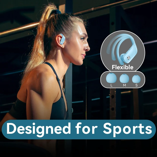 Alt view image 6 of 6 - Ear Buds Wireless Earbuds Bluetooth Headphones with 80H Playtime LED Display Case, Over-Ear Hook with Mic, Stereo Sound, Easy Button Controls, Sports Earphones for Running Workout Sky Blue