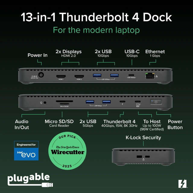 Alt view image 2 of 7 - Thunderbolt 4 Dock with 100W Charging, Dual Monitor Thunderbolt Certified Laptop Docking Station Single 8K or Dual 4K HDMI for Windows and Mac, 4X USB, Gigabit Ethernet TBT4-UD5