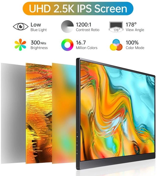Alt view image 2 of 7 - 16" QHD USB-C HDMI HDR Portable Monitor 16" QHD 2.5K IPS HDR, smart cover+speakers, USB-C/HDMI, plug&play, for PC/Mac/Phone/PS5/Xbox/Switch
