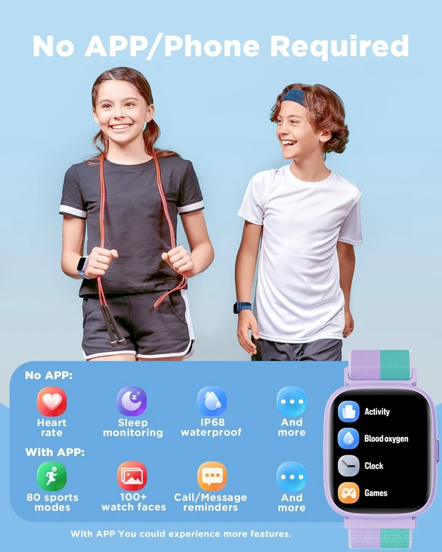 Alt view image 2 of 7 - Smart Watch for Kids, 1.8" Fitness Tracker Watch with Pedometer Heart Rate, Sleep Monitor, IP68 Waterproof, Step Counter, Puzzle Games with/without App for Girls Teens 5-16Nylon