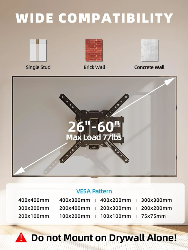 Alt view image 3 of 7 - UL Listed Full Motion TV Wall Mount Bracket 32 40 50 55 60 TVs Fit Most 28-60 inch TVs, 77lbs,Single Stud, VESA 400x400mm, ±90° Swivel, +5°/-15° Tilt, ±4° level, 2.7-16.67" extend