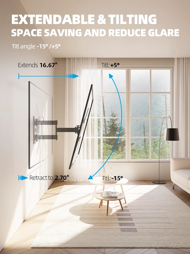 Alt view image 5 of 7 - UL Listed Full Motion TV Wall Mount Bracket 32 40 50 55 60 TVs Fit Most 28-60 inch TVs, 77lbs,Single Stud, VESA 400x400mm, ±90° Swivel, +5°/-15° Tilt, ±4° level, 2.7-16.67" extend