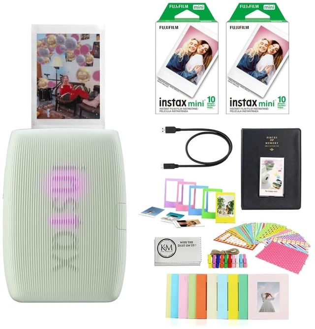 Main image of INSTAX Mini Link 3 Smartphone Printer Sage Green Bundled with INSTAX Mini Instant Film 20 Exposures + Instax Mini Album, Borders, Stickers & Clips + Microfiber Cleaning Cloth (4 Items)