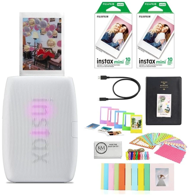 Main image of INSTAX Mini Link 3 Smartphone Printer Clay White Bundled with INSTAX Mini Instant Film 20 Exposures + Instax Mini Album, Borders, Stickers & Clips + Microfiber Cleaning Cloth (4 Items)