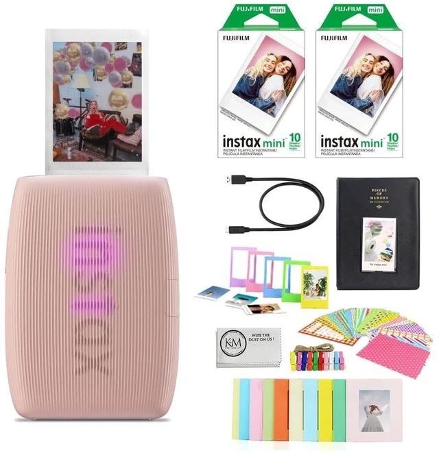 Main image of INSTAX Mini Link 3 Smartphone Printer Rose Pink Bundled with INSTAX Mini Instant Film 20 Exposures + Instax Mini Album, Borders, Stickers & Clips + Microfiber Cleaning Cloth (4 Items)