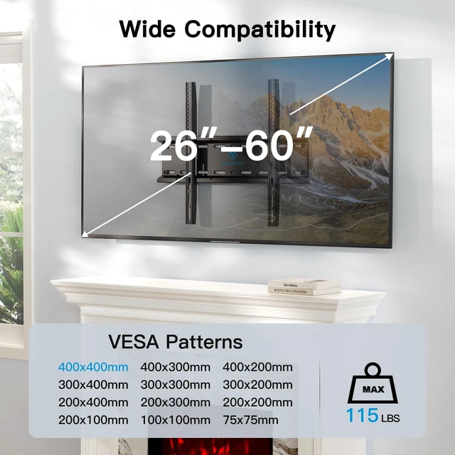 Alt view image 2 of 6 - Ultra Slim Fixed TV Wall Mount for 2660 inch TVs up to 115 lbs 1.18" low profile, space-saving, 1.5x taller wall plate, anti-drop edges, security screws, fits 16" studs, max VESA 400x400mm