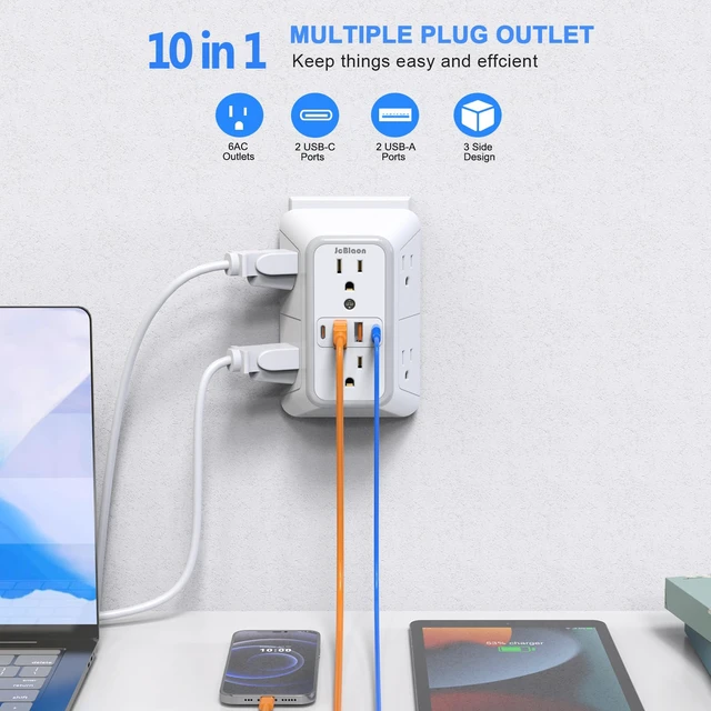 Alt view image 2 of 7 - 3 Pack Surge Protector Outlet Extender, 6 Outlet Splitter with 4 USB Ports (2 USB C), Multi Plug Wall Outlet 1050J Power Strip, USB Wall Charger for Home Office Kitchen Travel-ETL