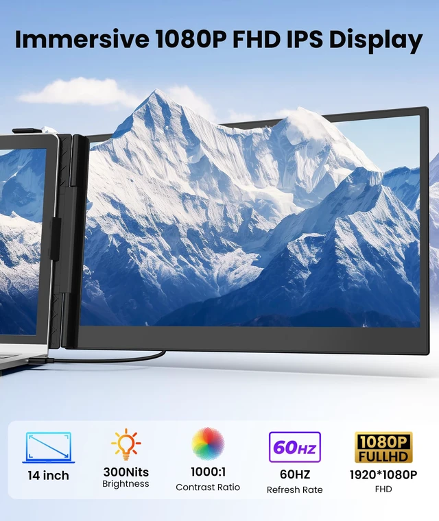 Alt view image 2 of 7 - 14" Laptop Screen Extender, Ultra Lightweight & Portable Monitor 1080P FHD IPS Display, For 13-17.3 Laptops, Plug and Play, Travel Monitor Extender, for Windows/Mac/Android/Chrome