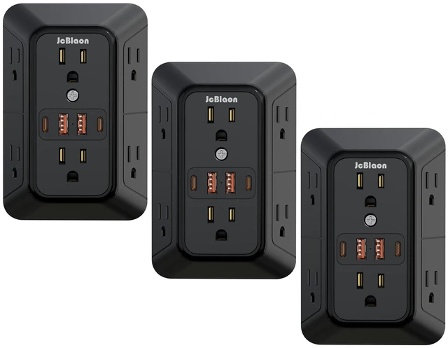 Main image of 3 Pack Outlet Extender Surge Protector, 6 Outlet Splitter with 4 USB Ports (2 USB C),1050J 3-Sided Multi Plug Wall Outlet, USB Wall Charger for Home Office Kitchen TravelBlack-ETL