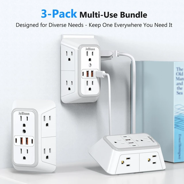 Alt view image 5 of 7 - 3 Pack Surge Protector Outlet Extender, 6 Outlet Splitter with 4 USB Ports (2 USB C), Multi Plug Wall Outlet 1050J Power Strip, USB Wall Charger for Home Office Kitchen Travel-ETL