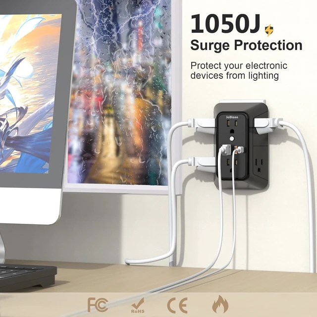 Alt view image 5 of 7 - 3 Pack Outlet Extender Surge Protector, 6 Outlet Splitter with 4 USB Ports (2 USB C),1050J 3-Sided Multi Plug Wall Outlet, USB Wall Charger for Home Office Kitchen TravelBlack-ETL