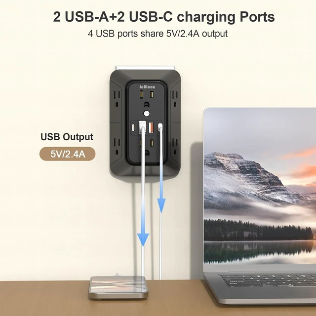 Alt view image 4 of 7 - 3 Pack Outlet Extender Surge Protector, 6 Outlet Splitter with 4 USB Ports (2 USB C),1050J 3-Sided Multi Plug Wall Outlet, USB Wall Charger for Home Office Kitchen TravelBlack-ETL