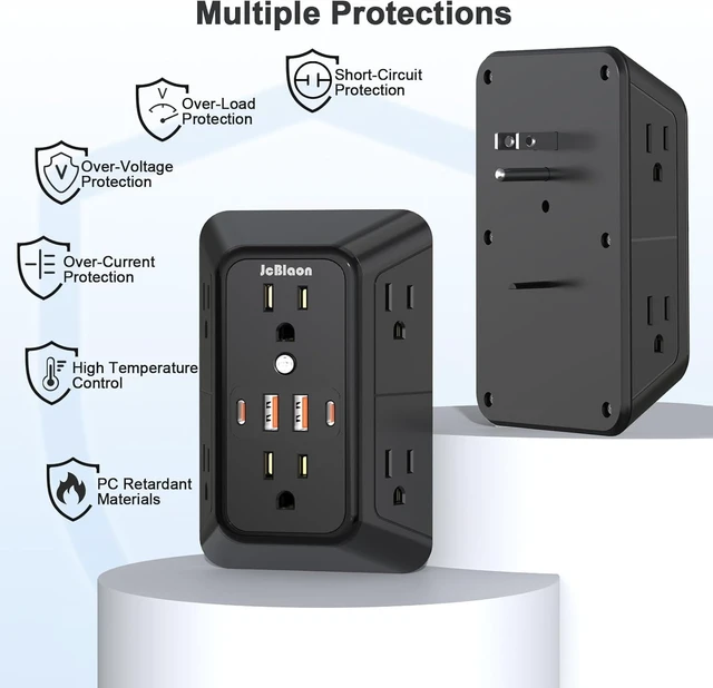 Alt view image 6 of 7 - 3 Pack Outlet Extender Surge Protector, 6 Outlet Splitter with 4 USB Ports (2 USB C),1050J 3-Sided Multi Plug Wall Outlet, USB Wall Charger for Home Office Kitchen TravelBlack-ETL