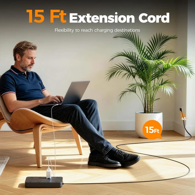 Alt view image 6 of 7 - Power Strip Surge Protector, 15FT Flat Plug Extension Cord 8 Outlets 3 USB Charger(1 USB C), 1080 Joules Protection, Wall Mountable Charging Station for Home Office Dorm, Black