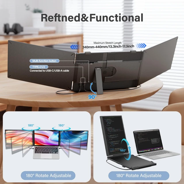 Alt view image 5 of 7 - Laptop Screen Extender Monitor Portable,14.1" Ultra Thin 1080P FHD Lightweight Triple Screen,Portable Monitor for Laptops,Fit for 13-17" Laptop,Plug & Play Compatiable with Win/Mac/Chrome/Android