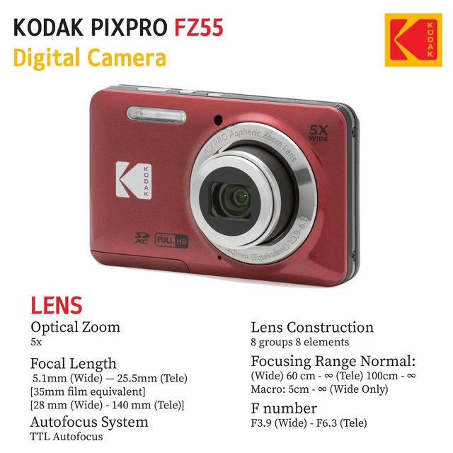 Alt view image 6 of 6 - PIXPRO FZ55 16MP Digital Point & Shoot Camera, 5X Optical Zoom, 28mm Wide Angle, 1080P Full HD Video, Bundle with 32GB SD Card, Protective Case, and Hi-Speed Card Reader (Red)