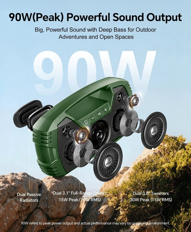 Alt view image 2 of 7 - Outdoor Bluetooth Speaker, IPX7 Waterproof, 90W Peak, 32H, Green Floating design, deep bass, TWS stereo, portable handle, rugged build for pool days, beach trips, kayaking, and hiking