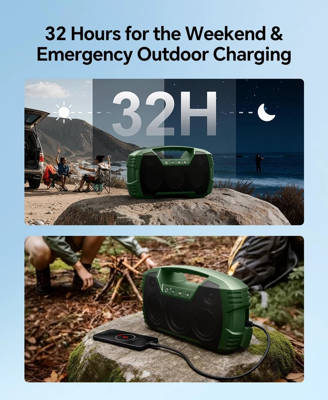 Alt view image 4 of 7 - Outdoor Bluetooth Speaker, IPX7 Waterproof, 90W Peak, 32H, Green Floating design, deep bass, TWS stereo, portable handle, rugged build for pool days, beach trips, kayaking, and hiking