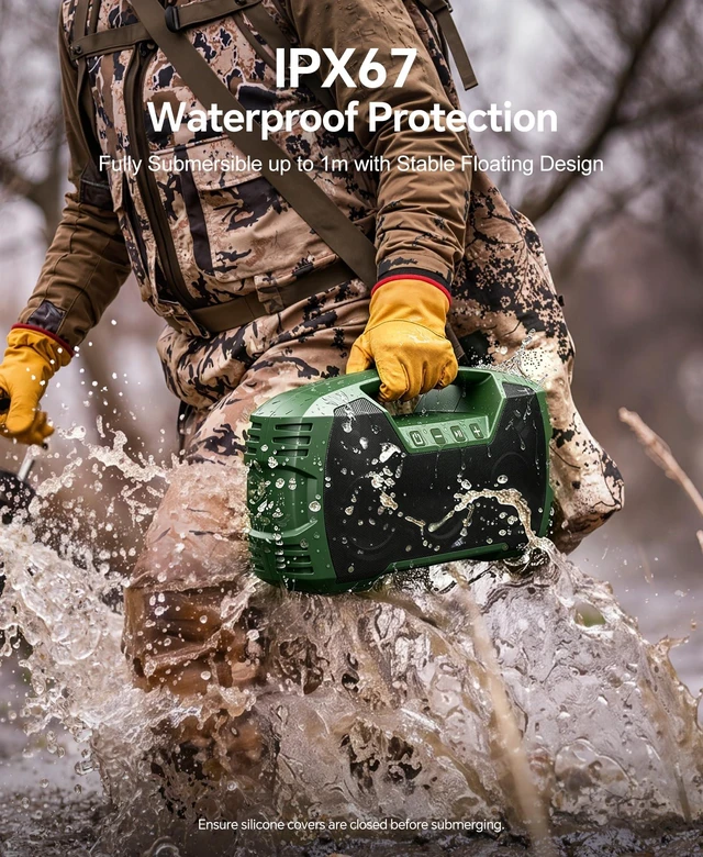 Alt view image 3 of 7 - Outdoor Bluetooth Speaker, IPX7 Waterproof, 90W Peak, 32H, Green Floating design, deep bass, TWS stereo, portable handle, rugged build for pool days, beach trips, kayaking, and hiking