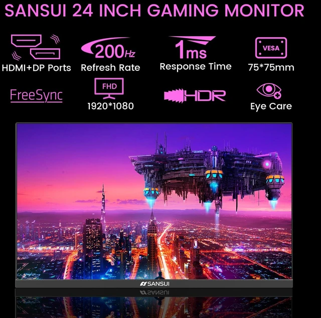 Alt view image 2 of 7 - 24" 1ms 200Hz Gaming Monitor, 24 Inch PC Monitor FHD 1080P, FreeSync Computer Monitor Screen with 4000:1 Contrast, 110% sRGB, HDMI & DP Ports, VESA Mount, for Gaming, Work, Business