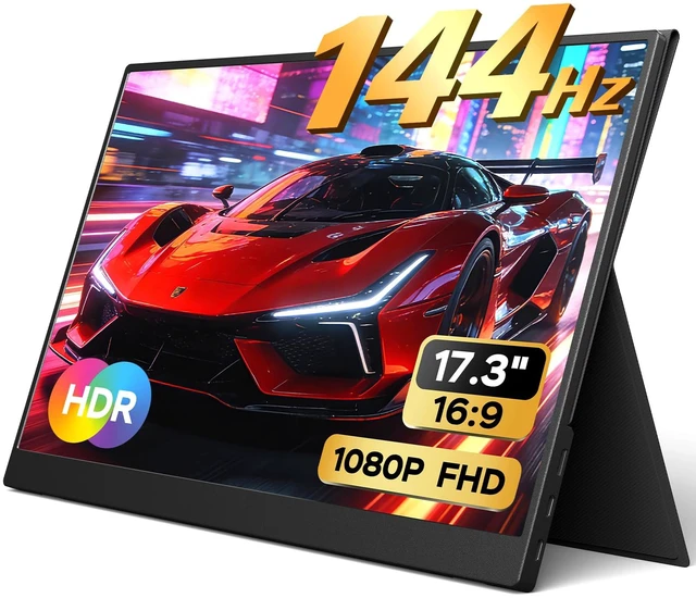 Main image of Portable Monitor 17.3 Inch 1080P 144Hz IPS HDR Ultra-Slim Travel Monitor with Dual Speakers USB-C HDMI Second Screen for Laptop PC Mac Phone Xbox PS4/5 Switch, VESA Kickstand with Cover Stand