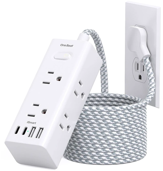 Main image of Flat Plug Extension Cord 15Ft, Surge Protector Power Strip 15 Ft Long Cord 6 Widely Outlets 4 USB Ports (2 USB C), 900J Wall Outlet Extender Charging Station for College Dorm Room Office