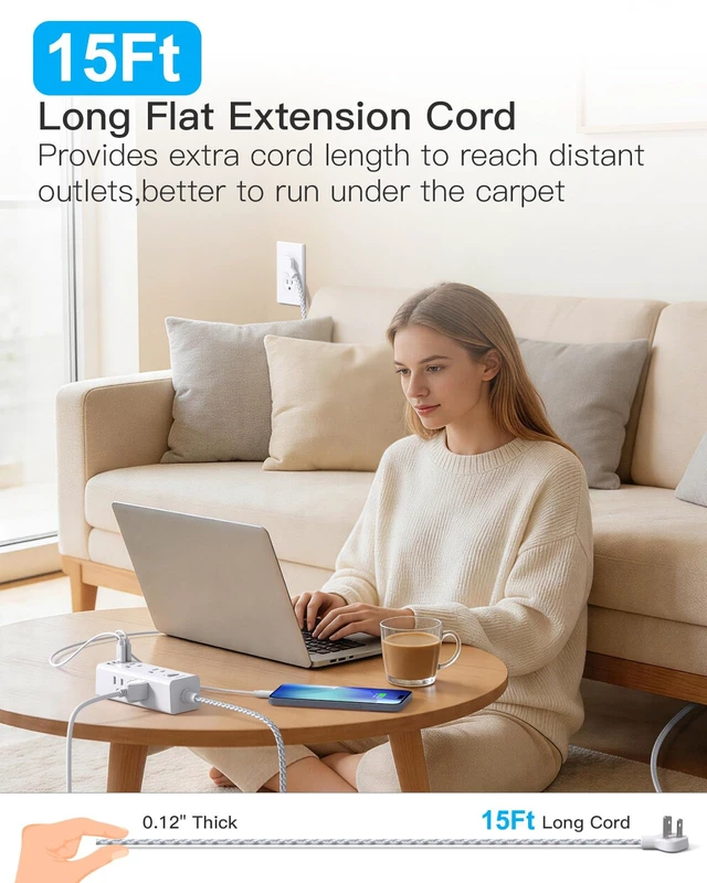 Alt view image 2 of 7 - Flat Plug Extension Cord 15Ft, Surge Protector Power Strip 15 Ft Long Cord 6 Widely Outlets 4 USB Ports (2 USB C), 900J Wall Outlet Extender Charging Station for College Dorm Room Office