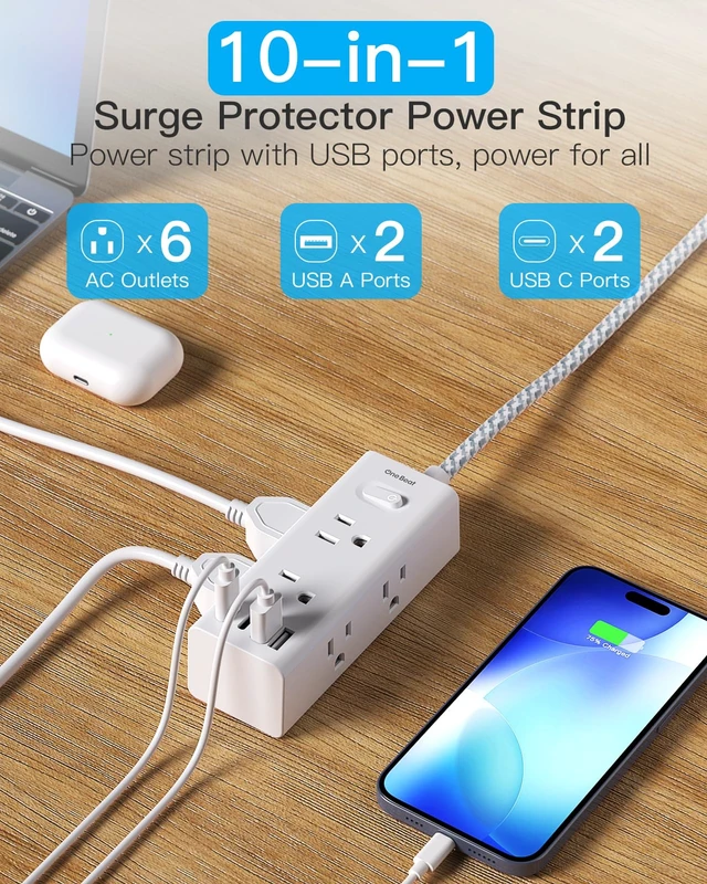 Alt view image 3 of 7 - Flat Plug Extension Cord 15Ft, Surge Protector Power Strip 15 Ft Long Cord 6 Widely Outlets 4 USB Ports (2 USB C), 900J Wall Outlet Extender Charging Station for College Dorm Room Office