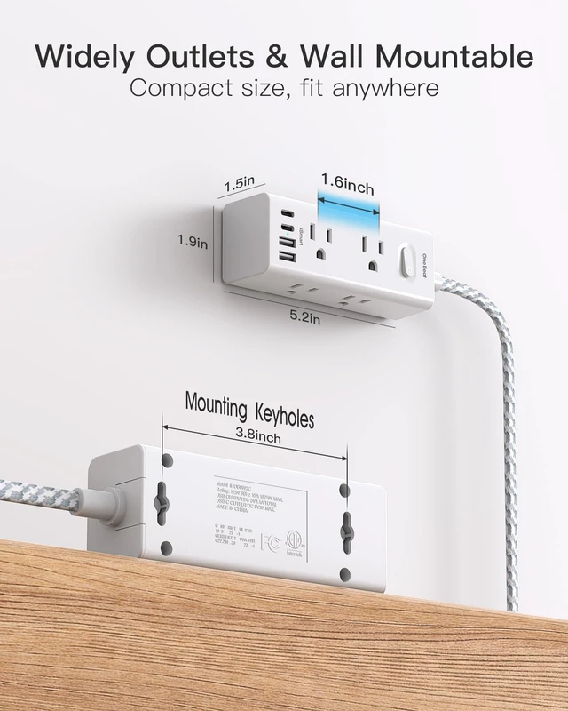 Alt view image 7 of 7 - Flat Plug Extension Cord 15Ft, Surge Protector Power Strip 15 Ft Long Cord 6 Widely Outlets 4 USB Ports (2 USB C), 900J Wall Outlet Extender Charging Station for College Dorm Room Office