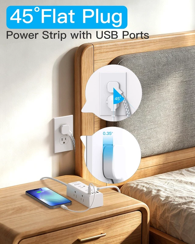 Alt view image 4 of 7 - Surge Protector Power Strip, 5 Ft Flat Plug Extension Cord, 900J 6 Outlets 4 USB Ports(2 USB C), Wall Mount Outlet Extender Small Power Strip for Travel Home Office College Dorm Room Station