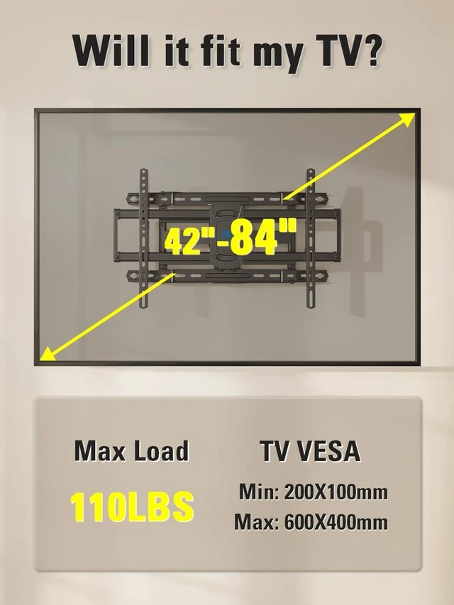 Alt view image 5 of 7 - TV Wall Mount for Most 42-84 Inch TVs Full Motion Wall Mount Bracket with Articulating Arms, Max VESA 600x400mm, Up to 110LBS, Fits 16", 18", 24" Studs