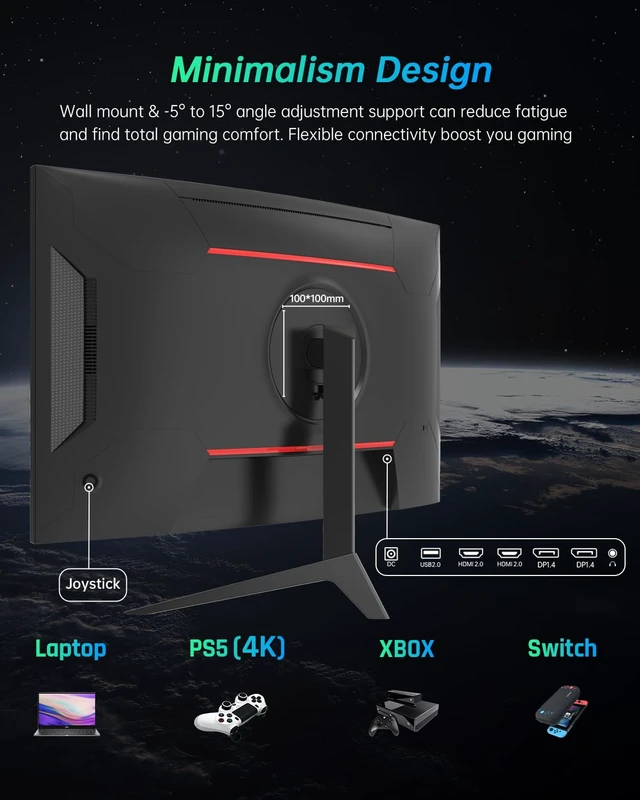 Alt view image 6 of 6 - 27 inch Gaming Monitor, 1440P Curved Monitor, 180Hz, 2K, 1500R, H27S17 1ms, FreeSync/G-Sync Compatible, DisplayPort/HDMI/USB, Ultrawide PC Vesa/Wall Mount Computer Monitor