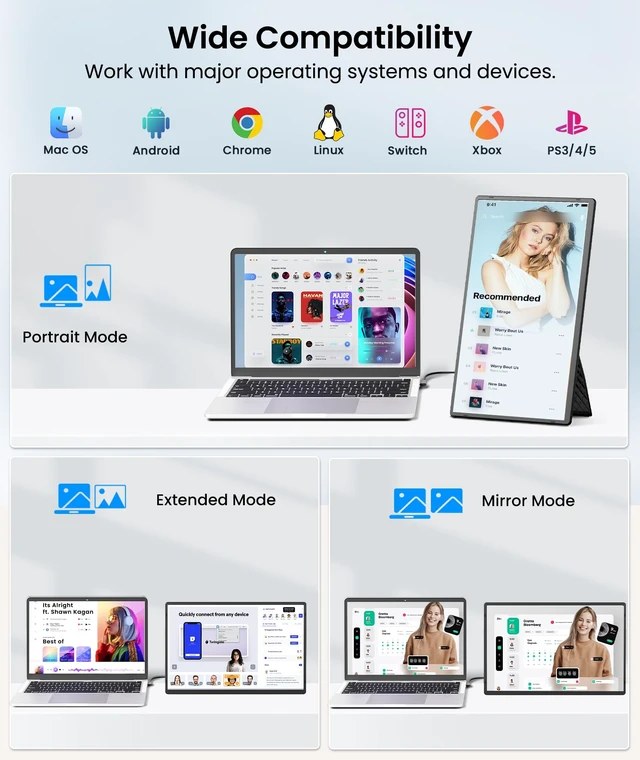 Alt view image 6 of 7 - 16" Portable Monitor, 1200P FHD Laptop Screen Extender, Plug & Play Detachable Horizontal/Vertical Modes, Dual Travel Monitor, Built-in Speaker, for Mac/Windows/Android, for 12-17.3" Laptops