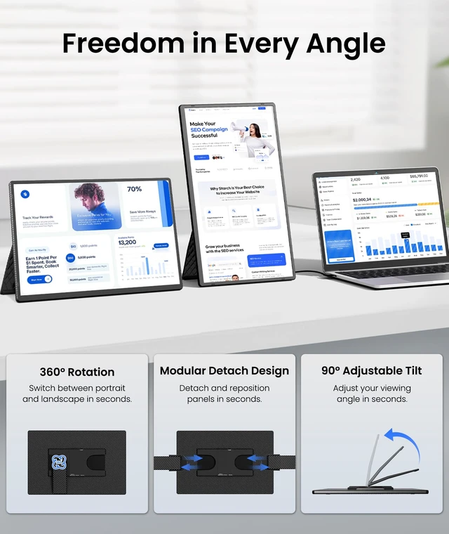 Alt view image 5 of 7 - 16" Portable Monitor, 1200P FHD Laptop Screen Extender, Plug & Play Detachable Horizontal/Vertical Modes, Dual Travel Monitor, Built-in Speaker, for Mac/Windows/Android, for 12-17.3" Laptops