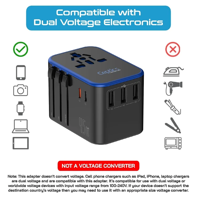Alt view image 5 of 7 - 45W Universal Travel Adapter w/ 3 USB-A, 2 USB-C & Universal Input International Power Adapter, Type A, C, G & I Plugs, Universal Socket for Global Compatibility, PD 45W Fast Charge