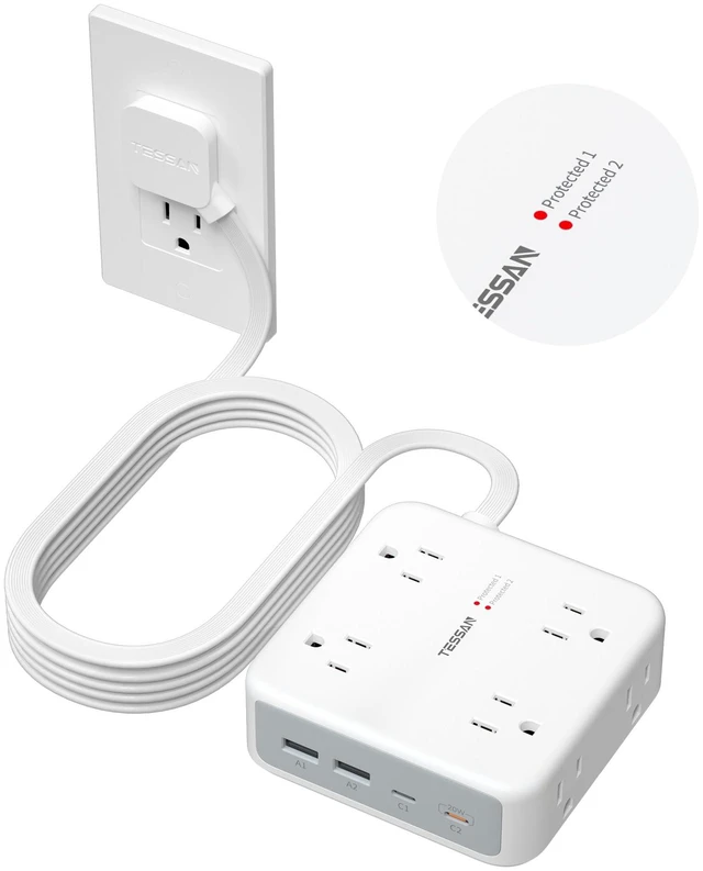 Main image of Dual Surge Protector Power Strip, 15 Ft Extension Cord Flat Plug 4 USB (2 USB C) 8 Outlets, 2100J Surge Protection, 20W Multiple Charging Station for Home, Office, Dorm Room, Grey