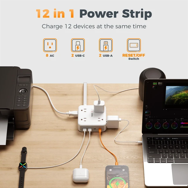 Alt view image 2 of 7 - Dual Surge Protector Power Strip, 15 Ft Extension Cord Flat Plug 4 USB (2 USB C) 8 Outlets, 2100J Surge Protection, 20W Multiple Charging Station for Home, Office, Dorm Room, Grey