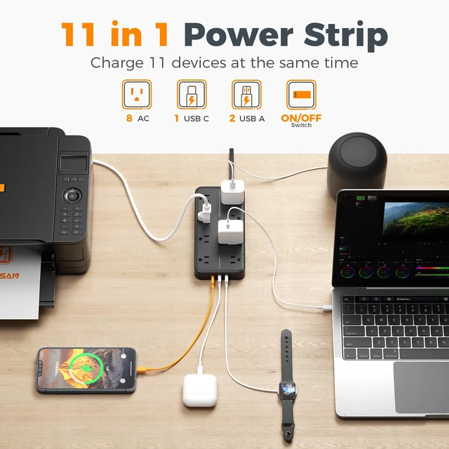 Alt view image 2 of 7 - Power Strip Surge Protector, 15FT Flat Plug Extension Cord 8 Outlets 3 USB Charger(1 USB C), 1080 Joules Protection, Wall Mountable Charging Station for Home Office Dorm, Black