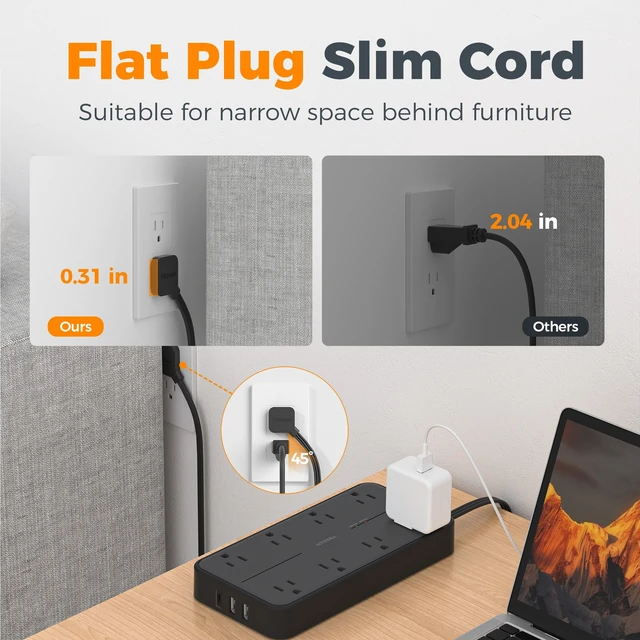 Alt view image 3 of 7 - Power Strip Surge Protector, 15FT Flat Plug Extension Cord 8 Outlets 3 USB Charger(1 USB C), 1080 Joules Protection, Wall Mountable Charging Station for Home Office Dorm, Black